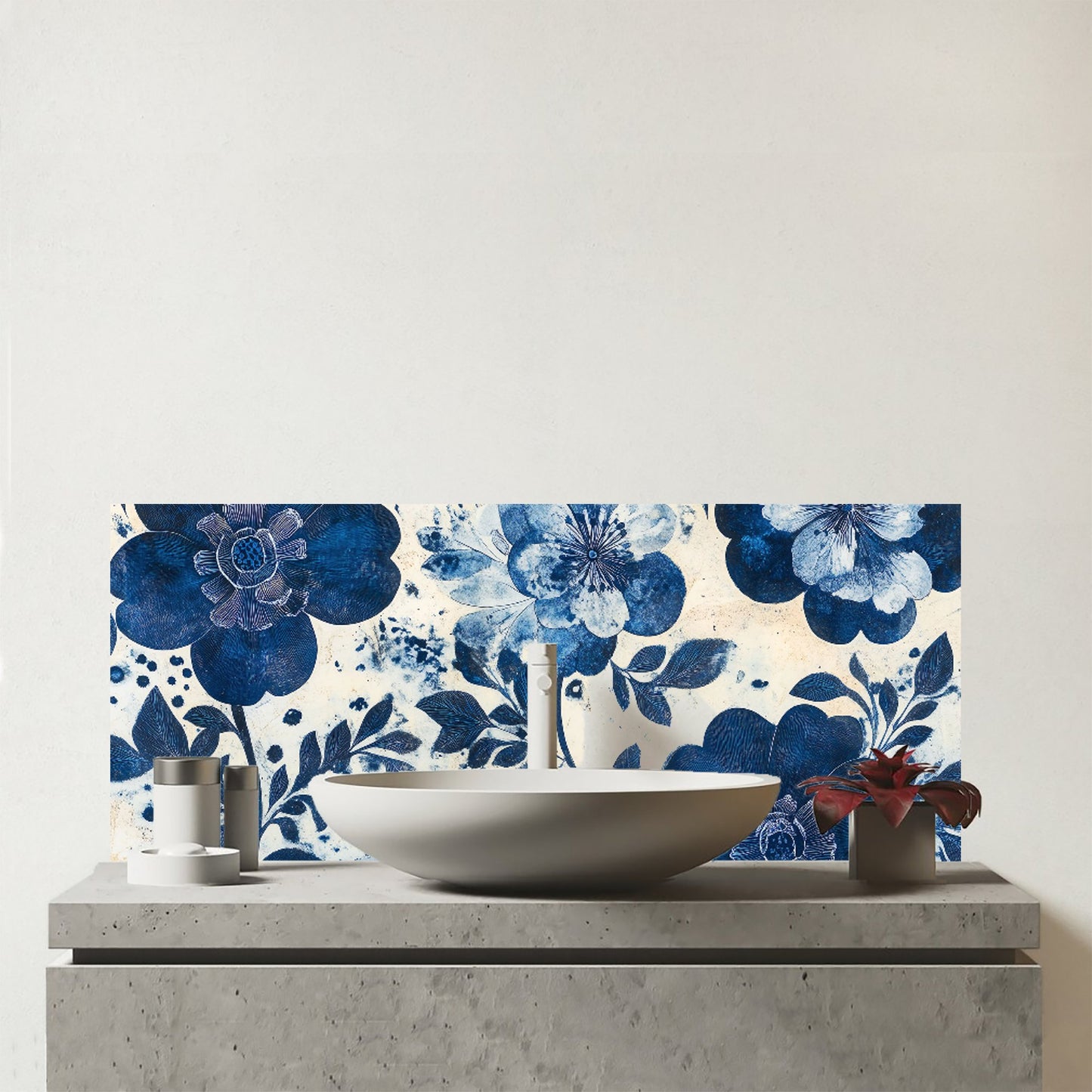 Blue Floral Painting Glass Bathroom Splashback