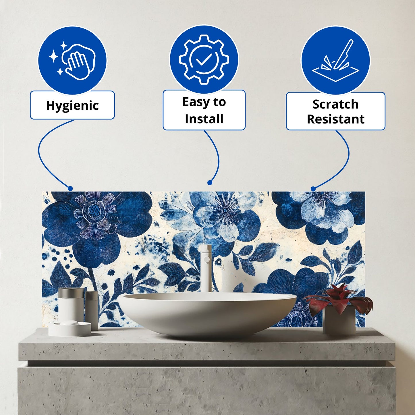 Blue Floral Painting Glass Bathroom Splashback