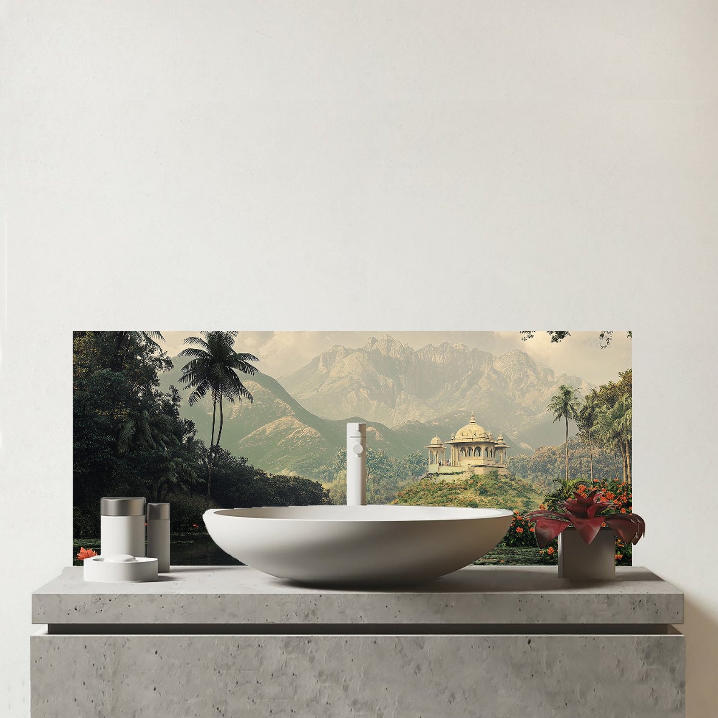 Temple By A Lake With Lilies Glass Bathroom Splashback