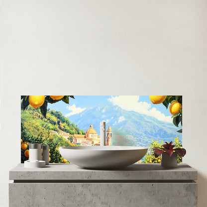 Walking Through Lemons In Sorrento Glass Bathroom Splashback