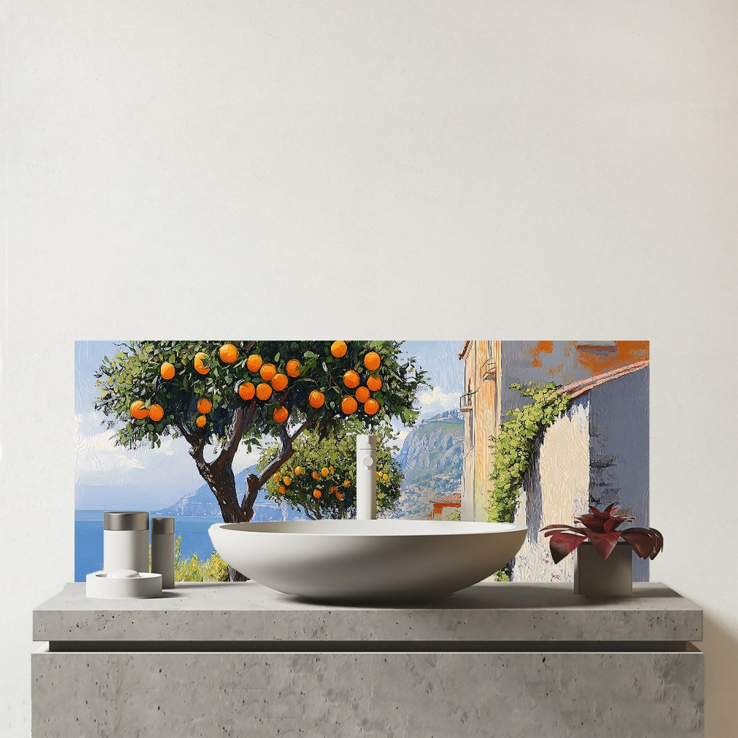 Oranges Growing In Sorrento Glass Bathroom Splashback