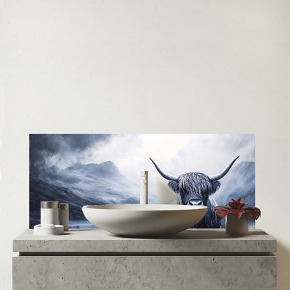 Highland Cow On A Dark Night Glass Bathroom Splashback