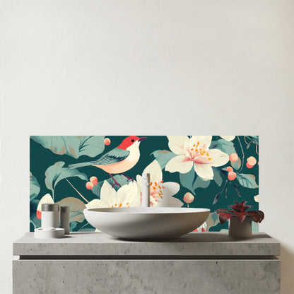 A Bird Amongst The Lillies Glass Bathroom Splashback