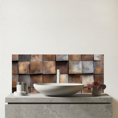 Brown Square Brick Design Glass Bathroom Splashback