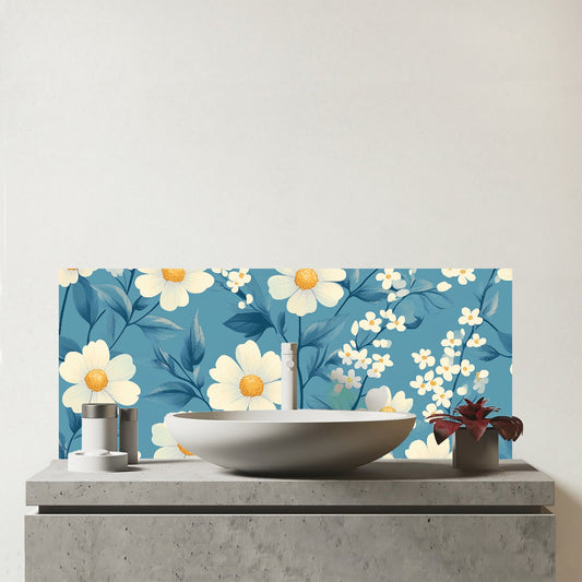 Blue And White Spring Daisies Glass Bathroom Splashback