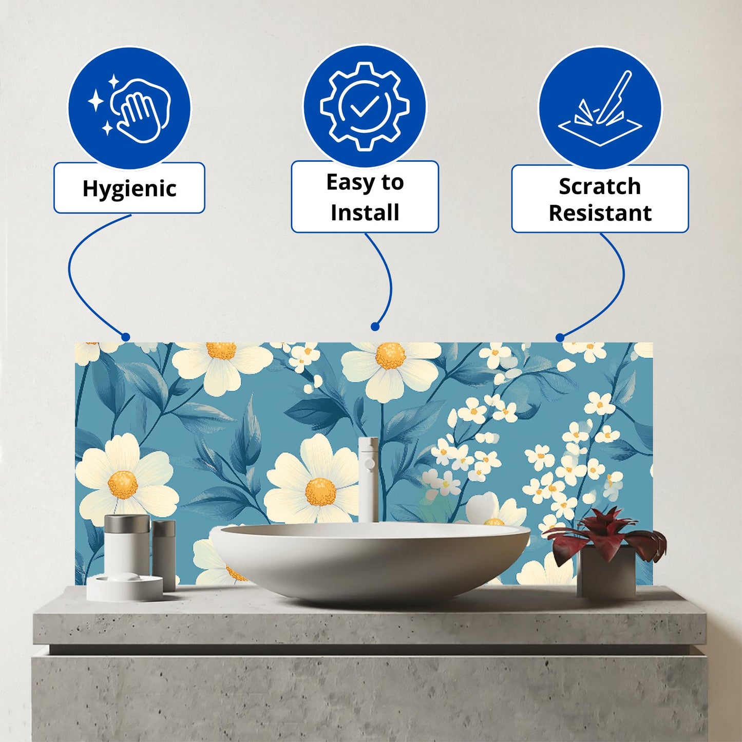 Blue And White Spring Daisies Glass Bathroom Splashback