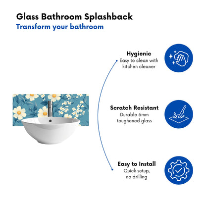 Blue And White Spring Daisies Glass Bathroom Splashback