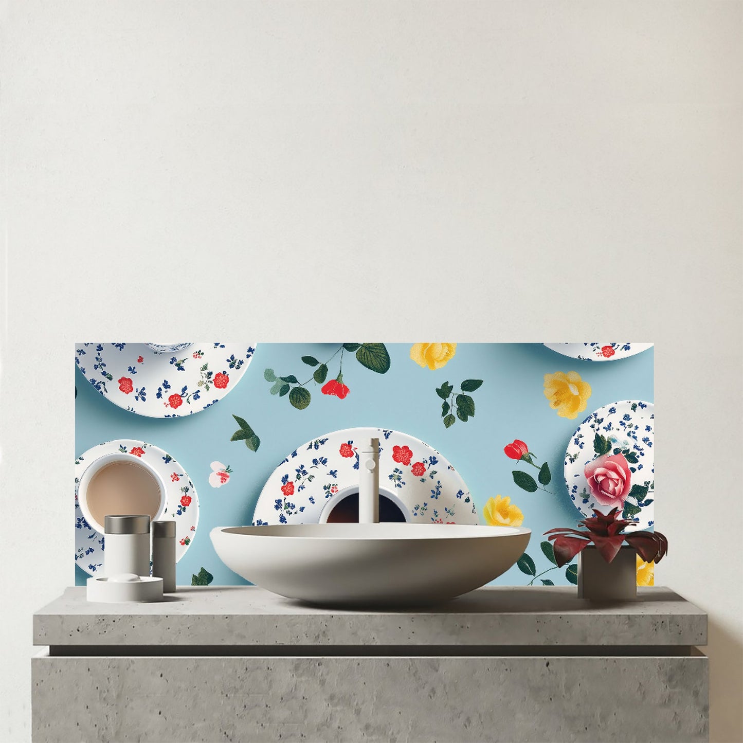 Tea Cups And Roses Glass Bathroom Splashback