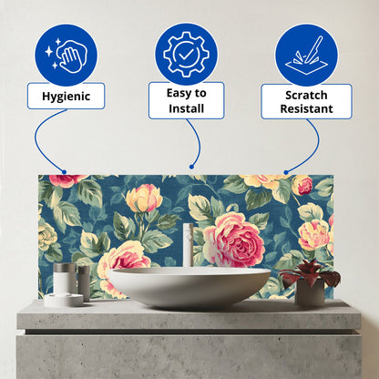 Painting Of Vintage Roses Glass Bathroom Splashback