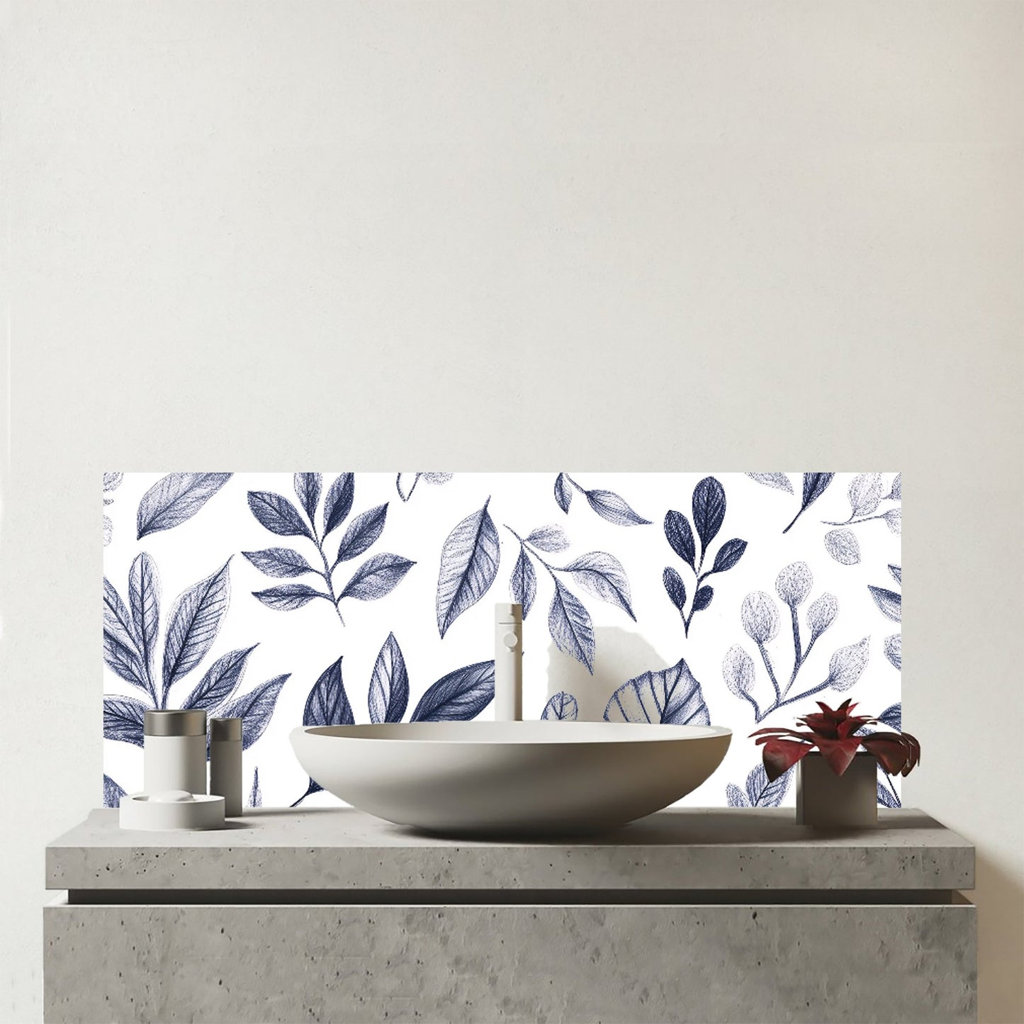 Grey Hand Drawn Leaves Glass Bathroom Splashback