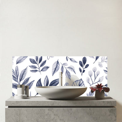 Grey Hand Drawn Leaves Glass Bathroom Splashback