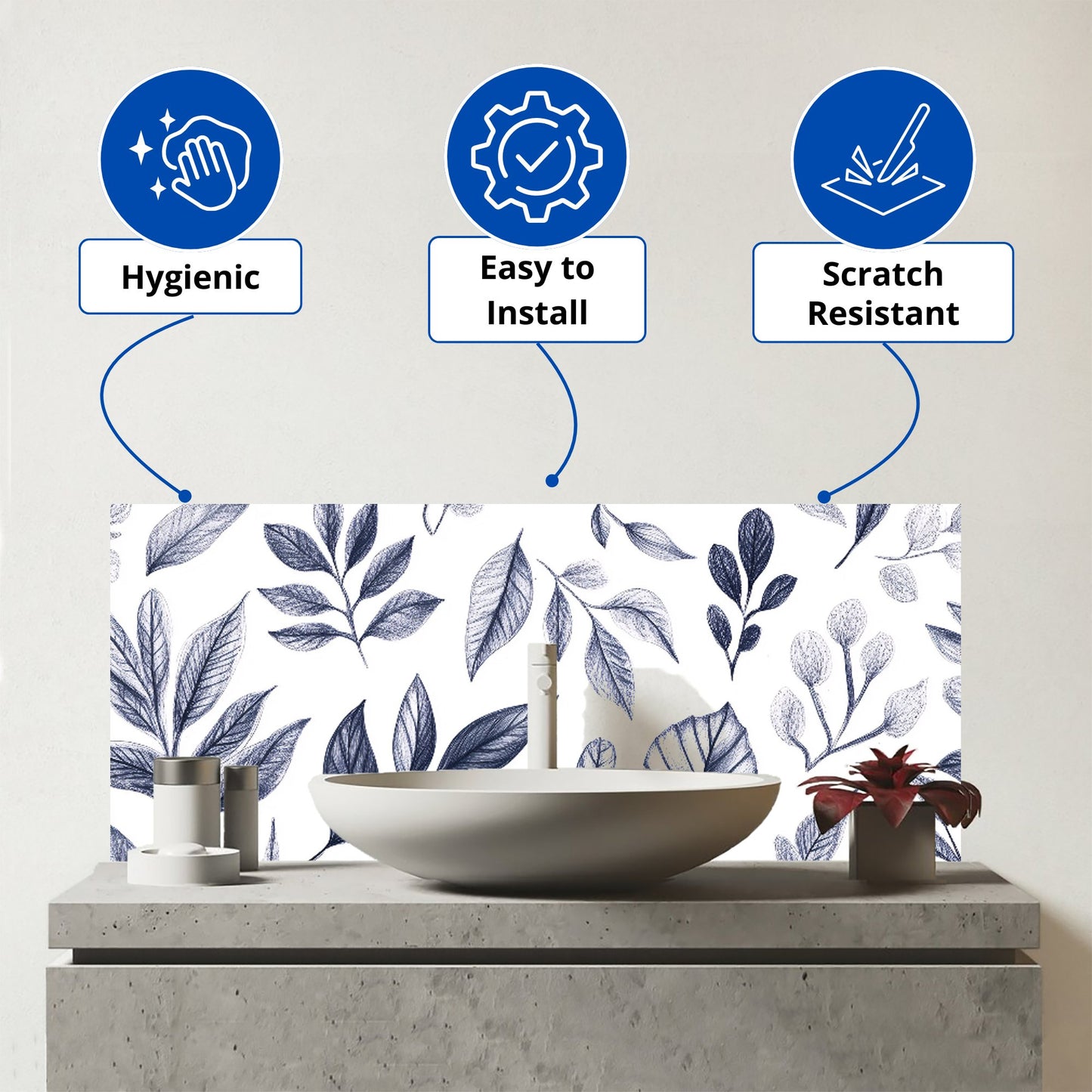 Grey Hand Drawn Leaves Glass Bathroom Splashback