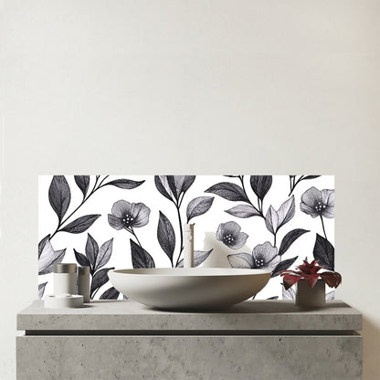 Hand Drawn Leaves And Flowers Glass Bathroom Splashback