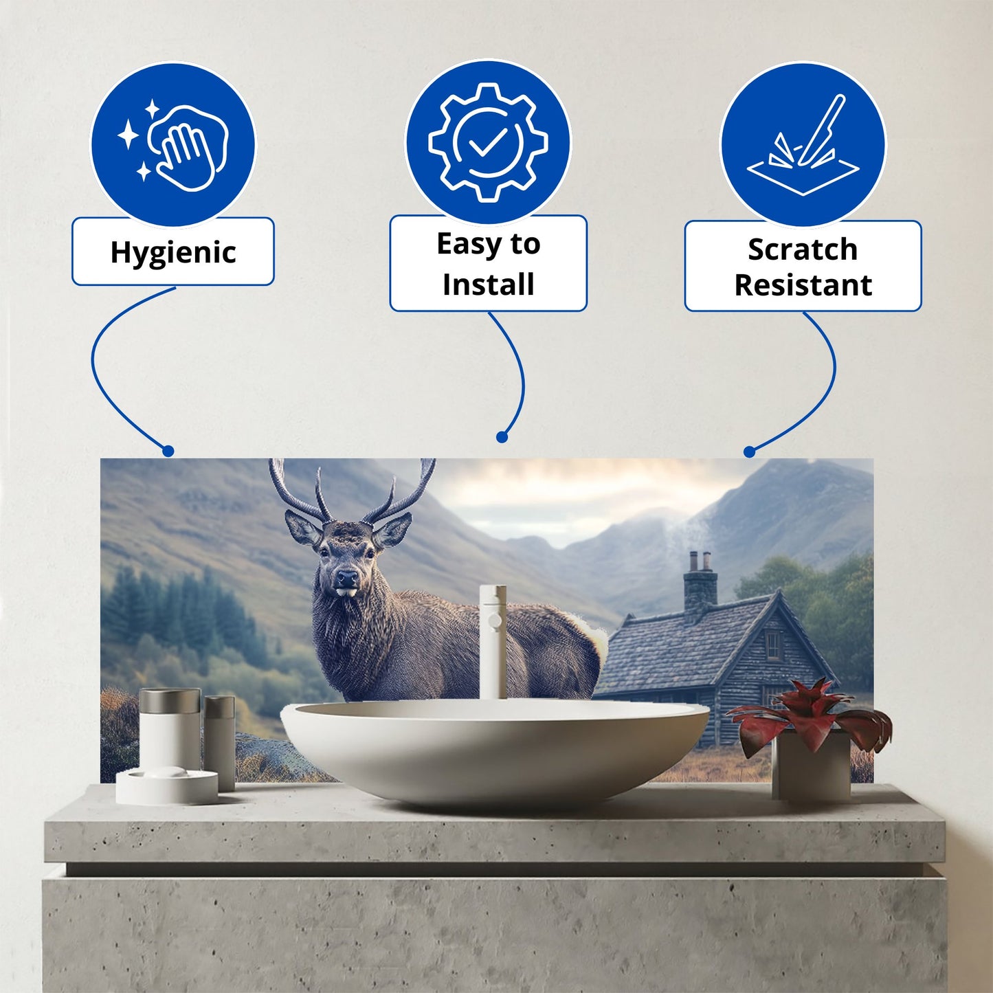 Highland Stag By The Cottage Glass Bathroom Splashback