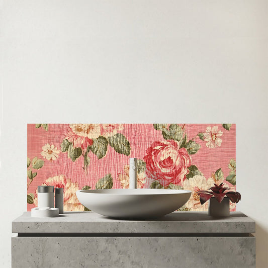 Vintage Pink Textured Roses Glass Bathroom Splashback