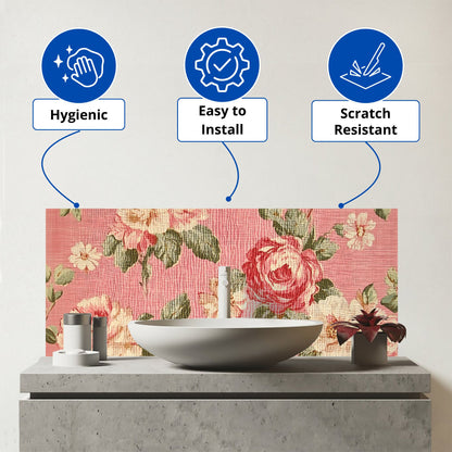 Vintage Pink Textured Roses Glass Bathroom Splashback