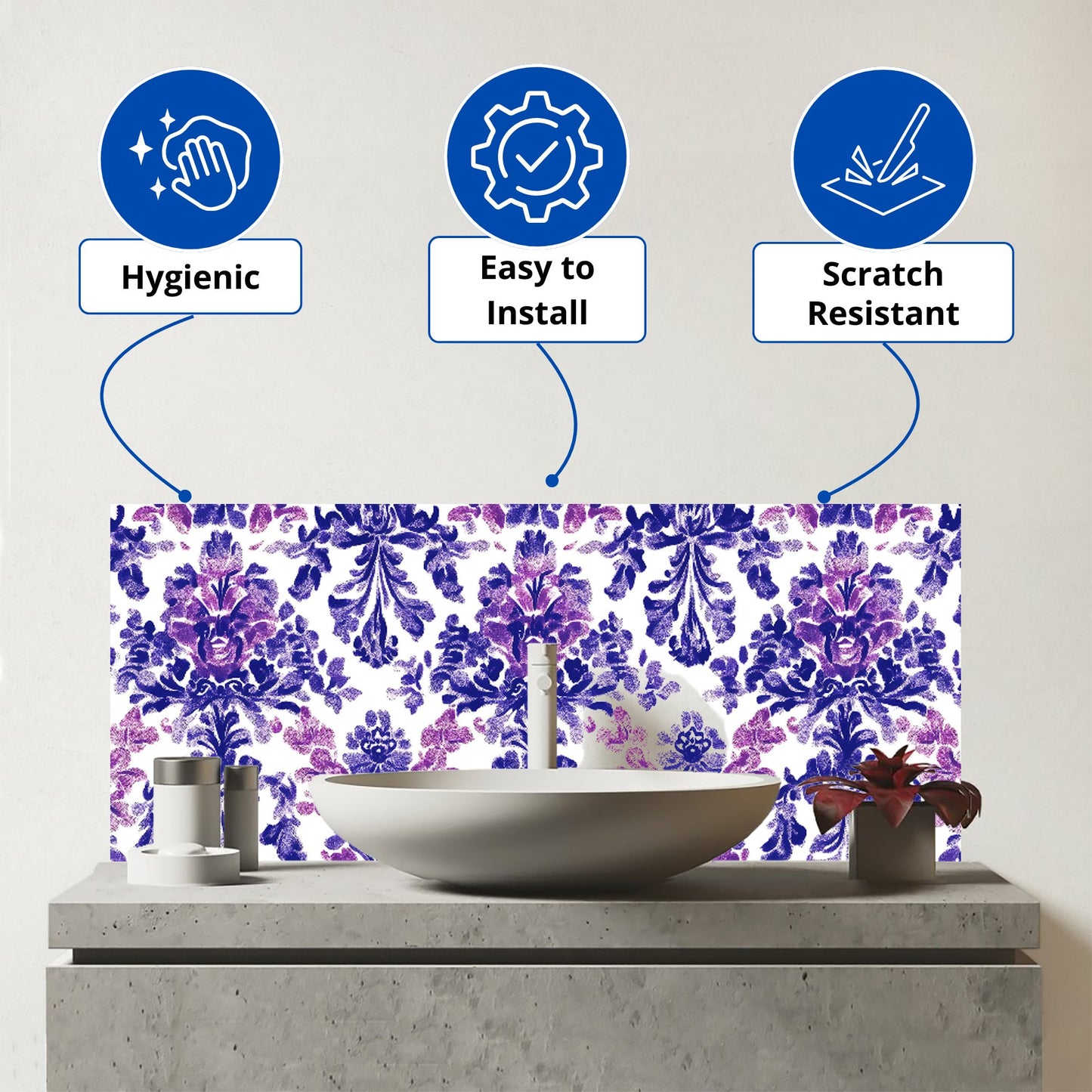 Vintage Purple Pattern Glass Bathroom Splashback