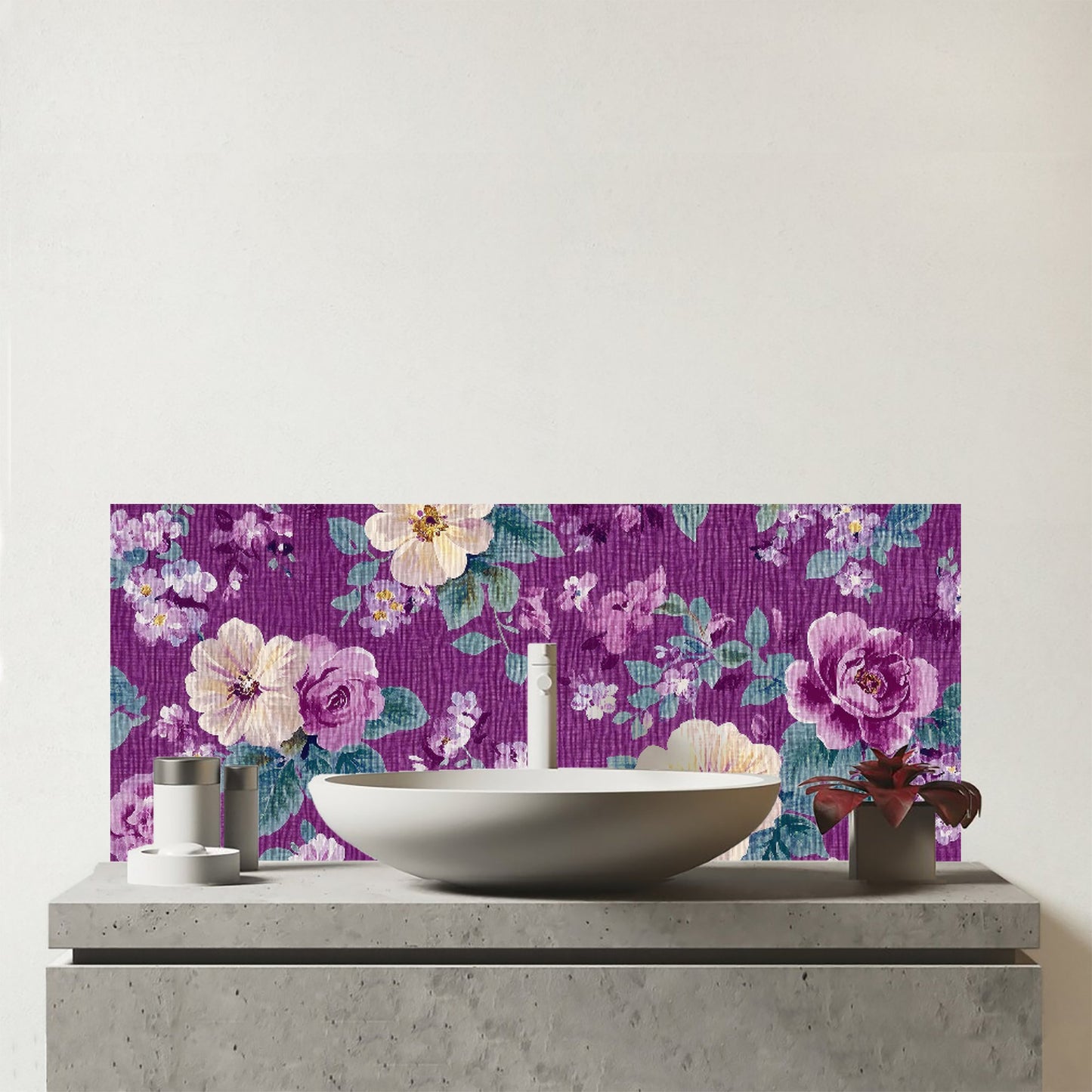 Purple Textured Flowers Glass Bathroom Splashback