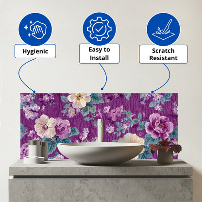 Purple Textured Flowers Glass Bathroom Splashback