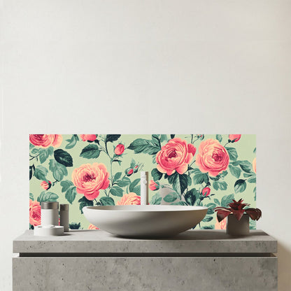 Sage Green And Pink Roses Glass Bathroom Splashback