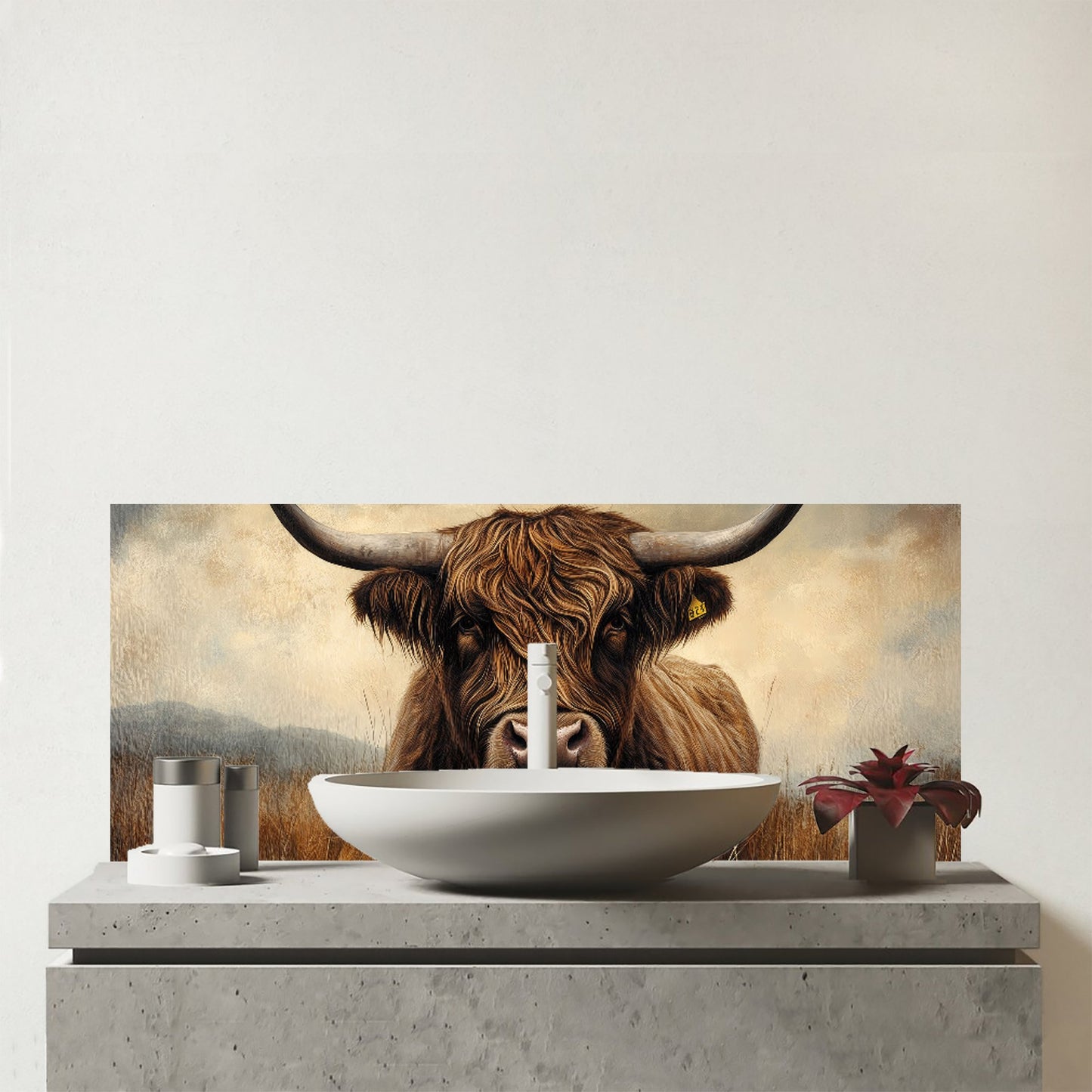 Bronze Effect Highland Cow Glass Bathroom Splashback