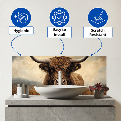 Bronze Effect Highland Cow Glass Bathroom Splashback