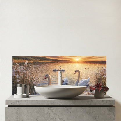 Swans At Sunset In A Beautiful Lake Glass Bathroom Splashback