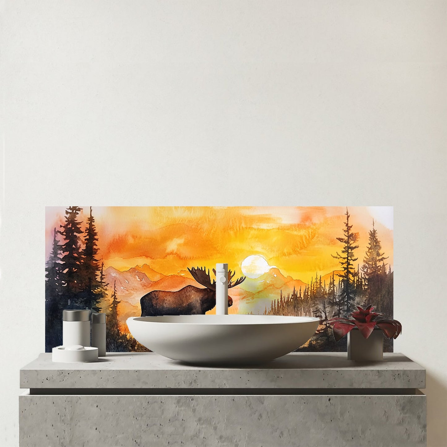 Watercolour Moose At Sunset Glass Bathroom Splashback