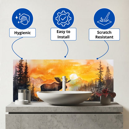 Watercolour Moose At Sunset Glass Bathroom Splashback