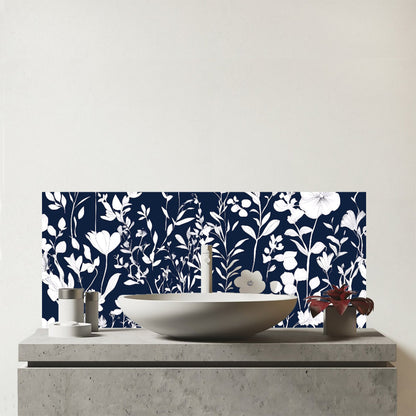 Blue And White Floral Silhouette Glass Bathroom Splashback