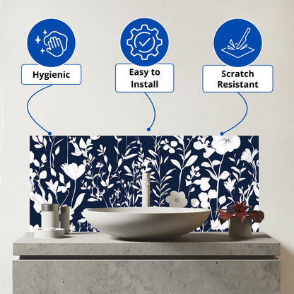 Blue And White Floral Silhouette Glass Bathroom Splashback