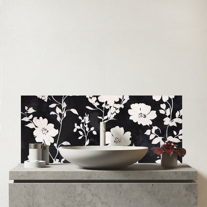 Black And White Floral Silhouette Glass Bathroom Splashback