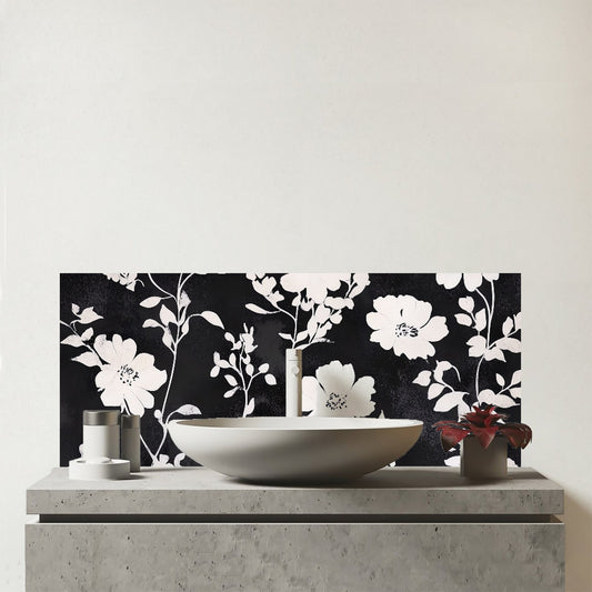 Black And White Floral Silhouette Glass Bathroom Splashback