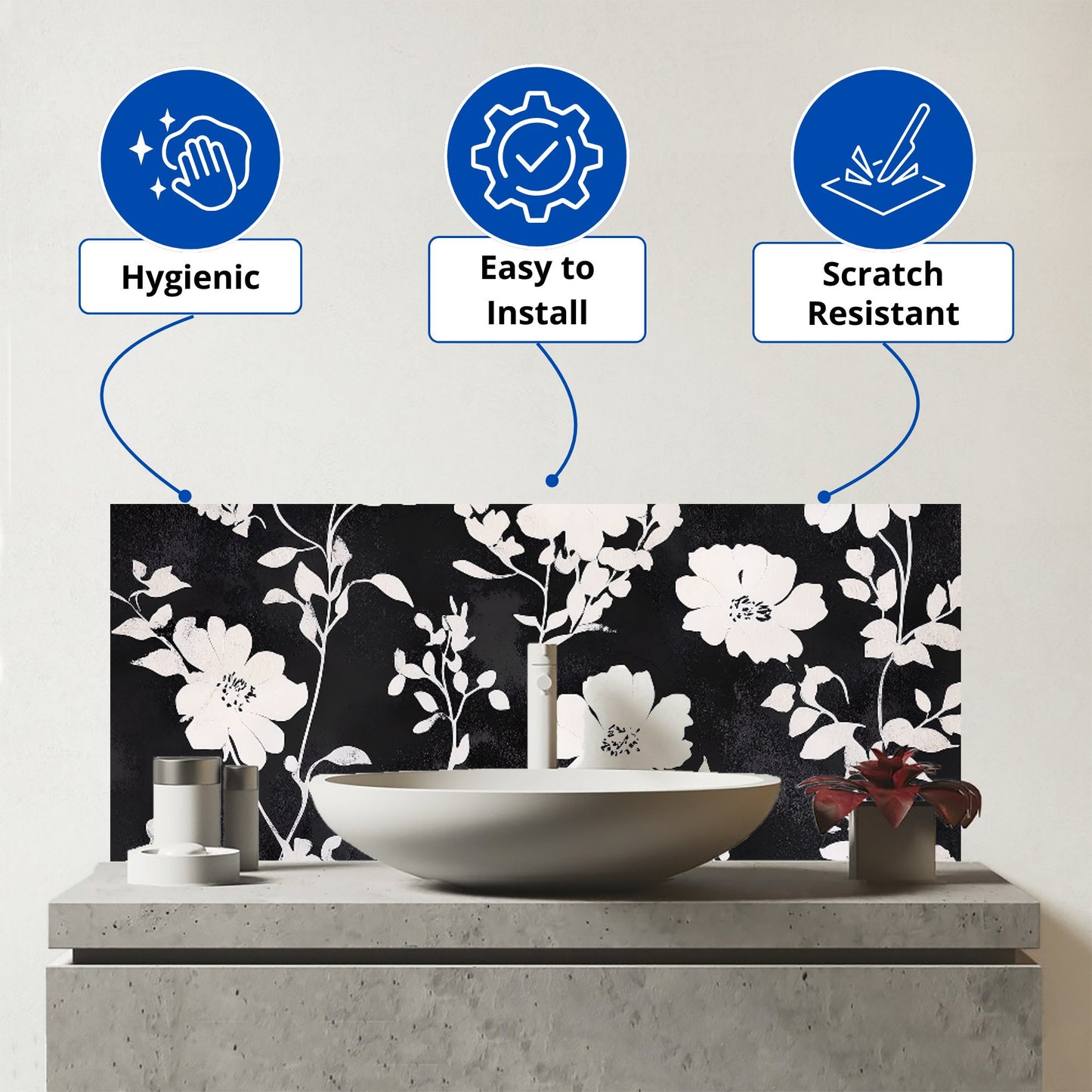 Black And White Floral Silhouette Glass Bathroom Splashback