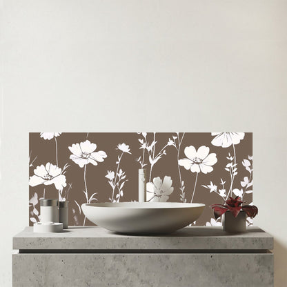 Taupe And White Floral Silhouette Glass Bathroom Splashback