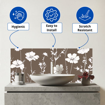 Taupe And White Floral Silhouette Glass Bathroom Splashback