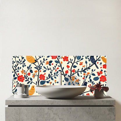 Woodland Birds And Flowers In The Trees Glass Bathroom Splashback