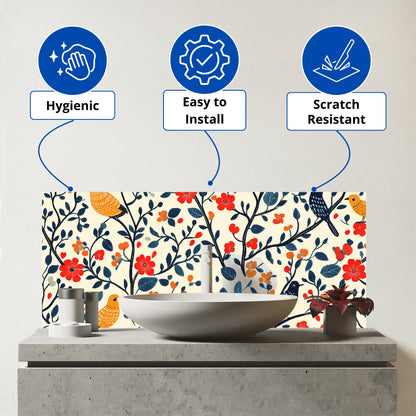 Woodland Birds And Flowers In The Trees Glass Bathroom Splashback