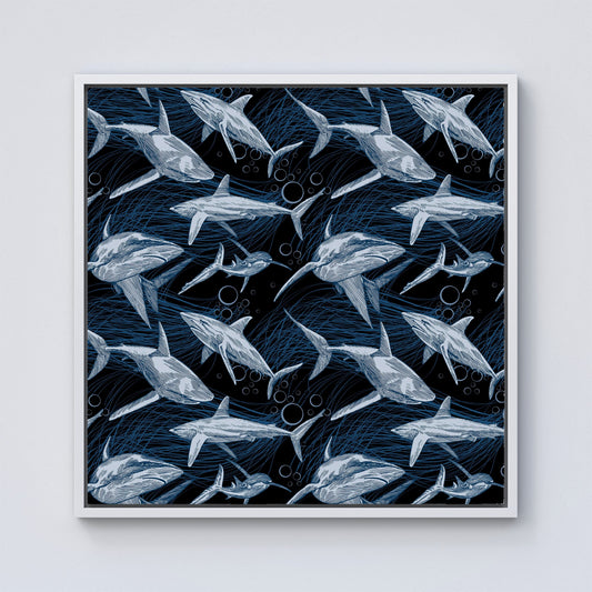 Hand Drawn Shark Pattern Framed Canvas