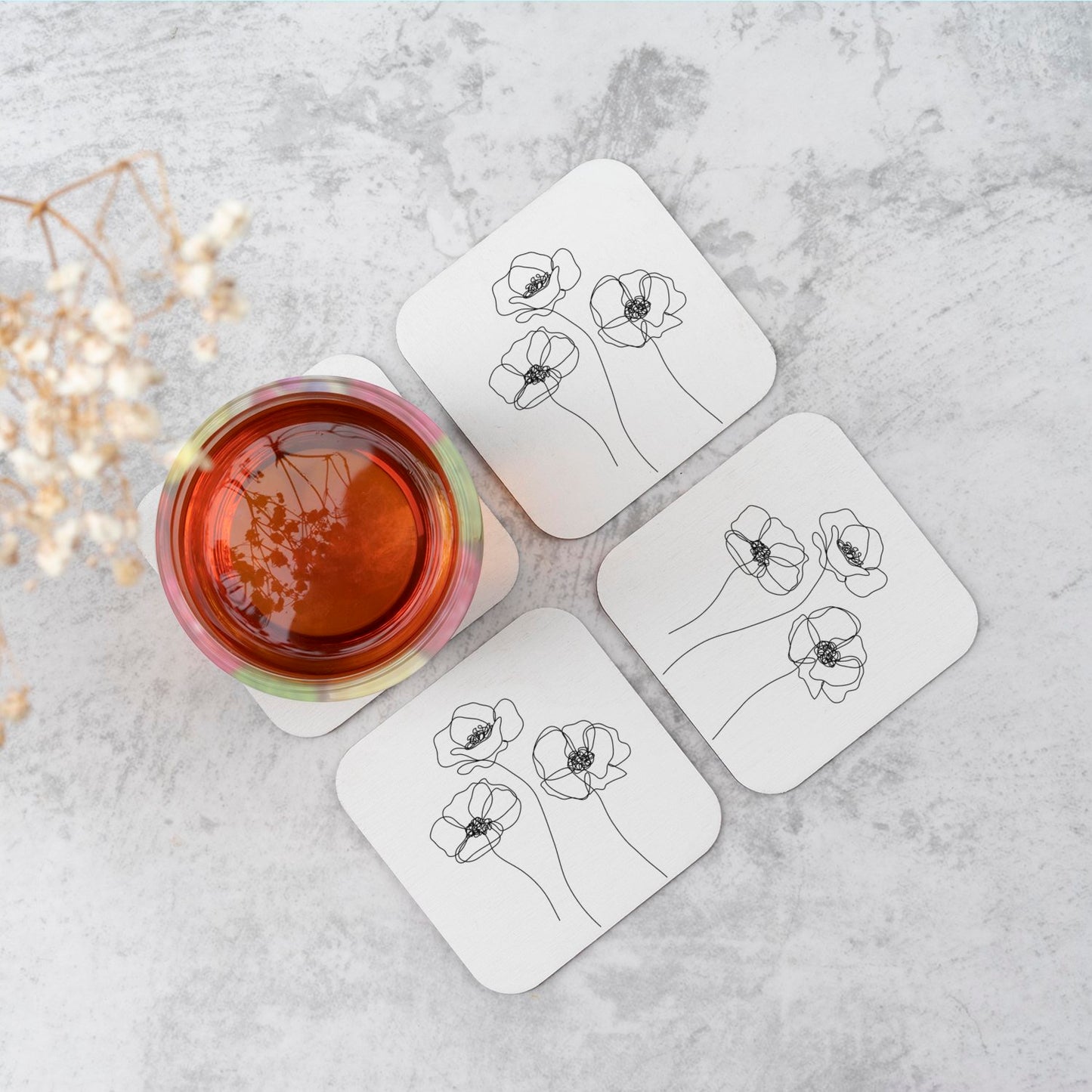 Monochrome Line Drawn Poppies Coasters