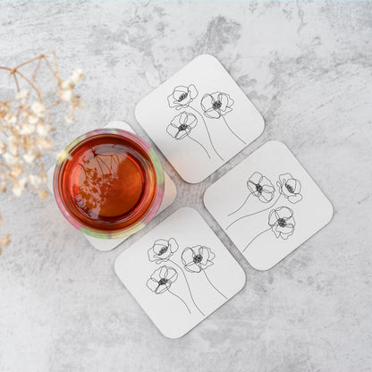 Monochrome Line Drawn Poppies Coasters