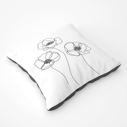 Monochrome Line Drawn Poppies Floor Cushion