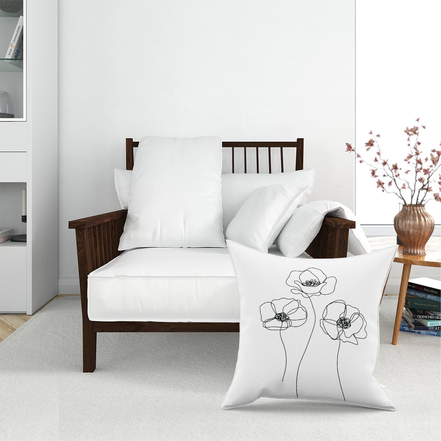 Monochrome Line Drawn Poppies Floor Cushion