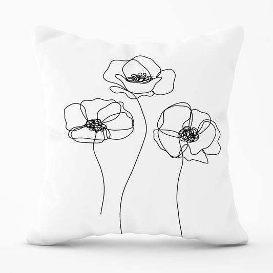 Monochrome Line Drawn Poppies Outdoor Cushion