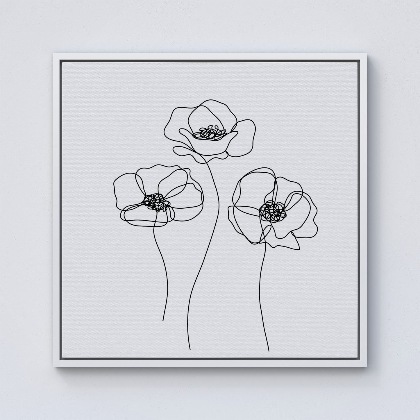 Monochrome Line Drawn Poppies Framed Canvas