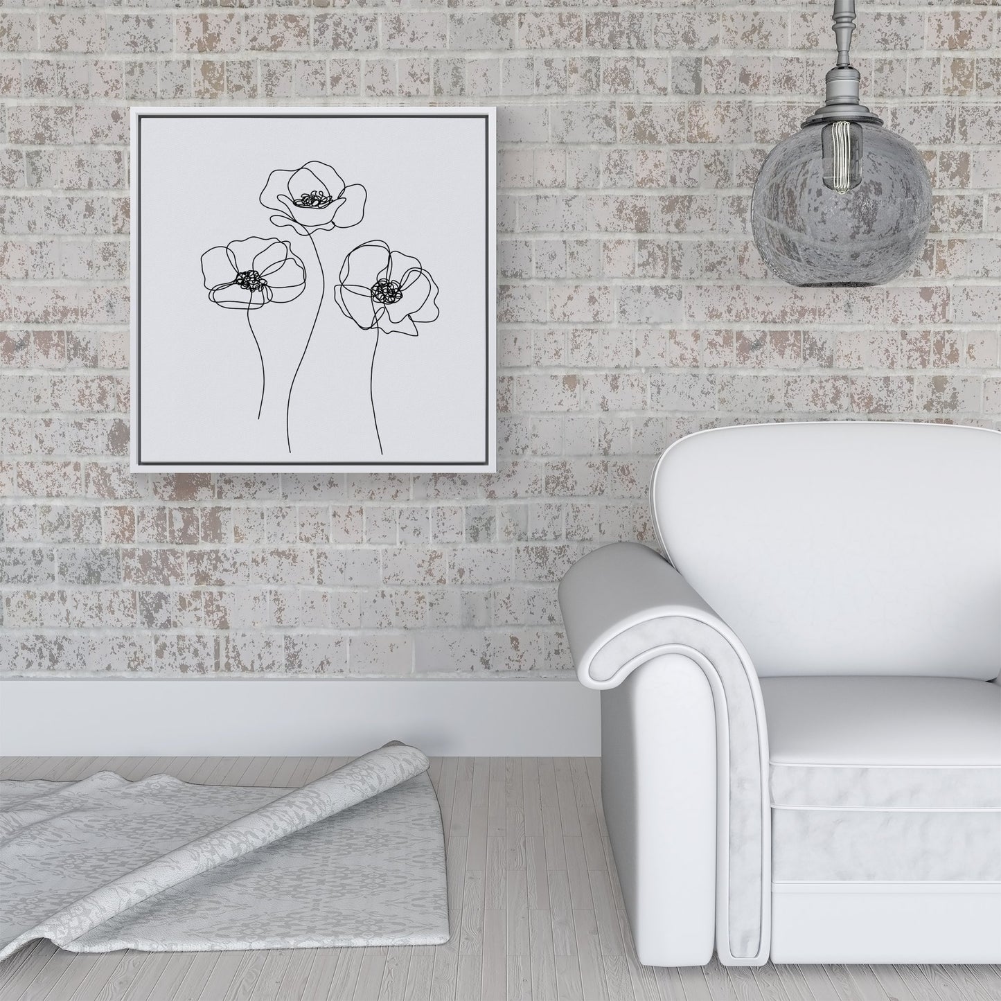 Monochrome Line Drawn Poppies Framed Canvas