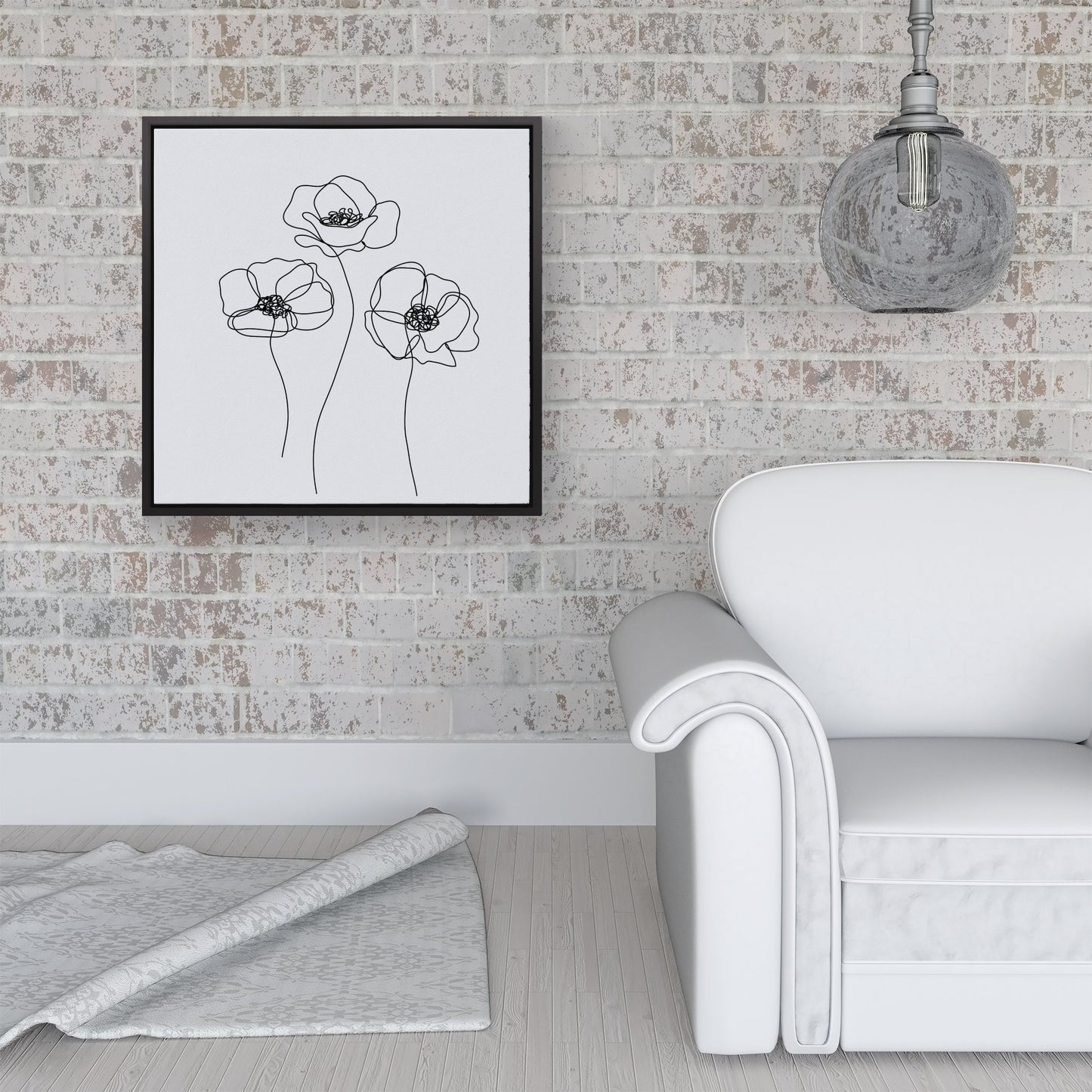 Monochrome Line Drawn Poppies Framed Canvas