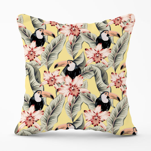 Toucans, Orchids And Palm Leaves Outdoor Cushion