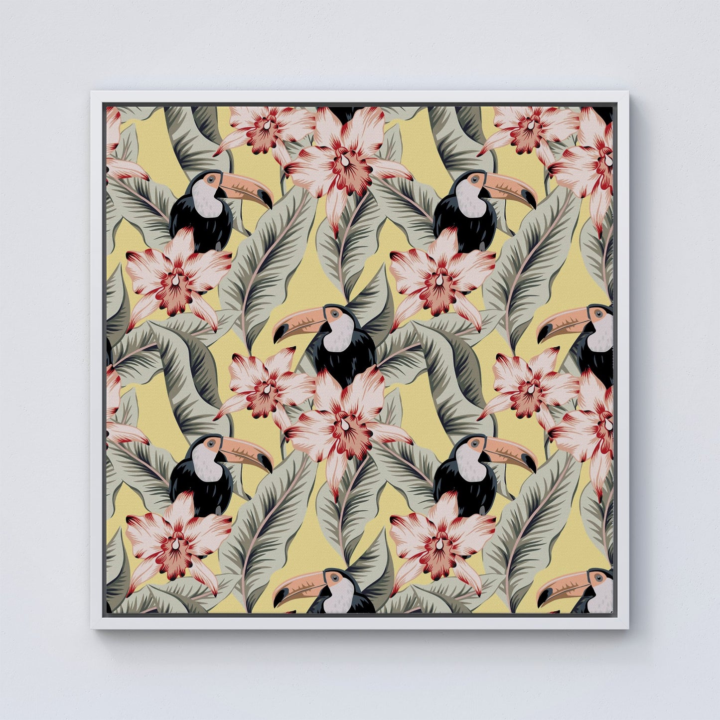 Toucans, Orchids And Palm Leaves Framed Canvas