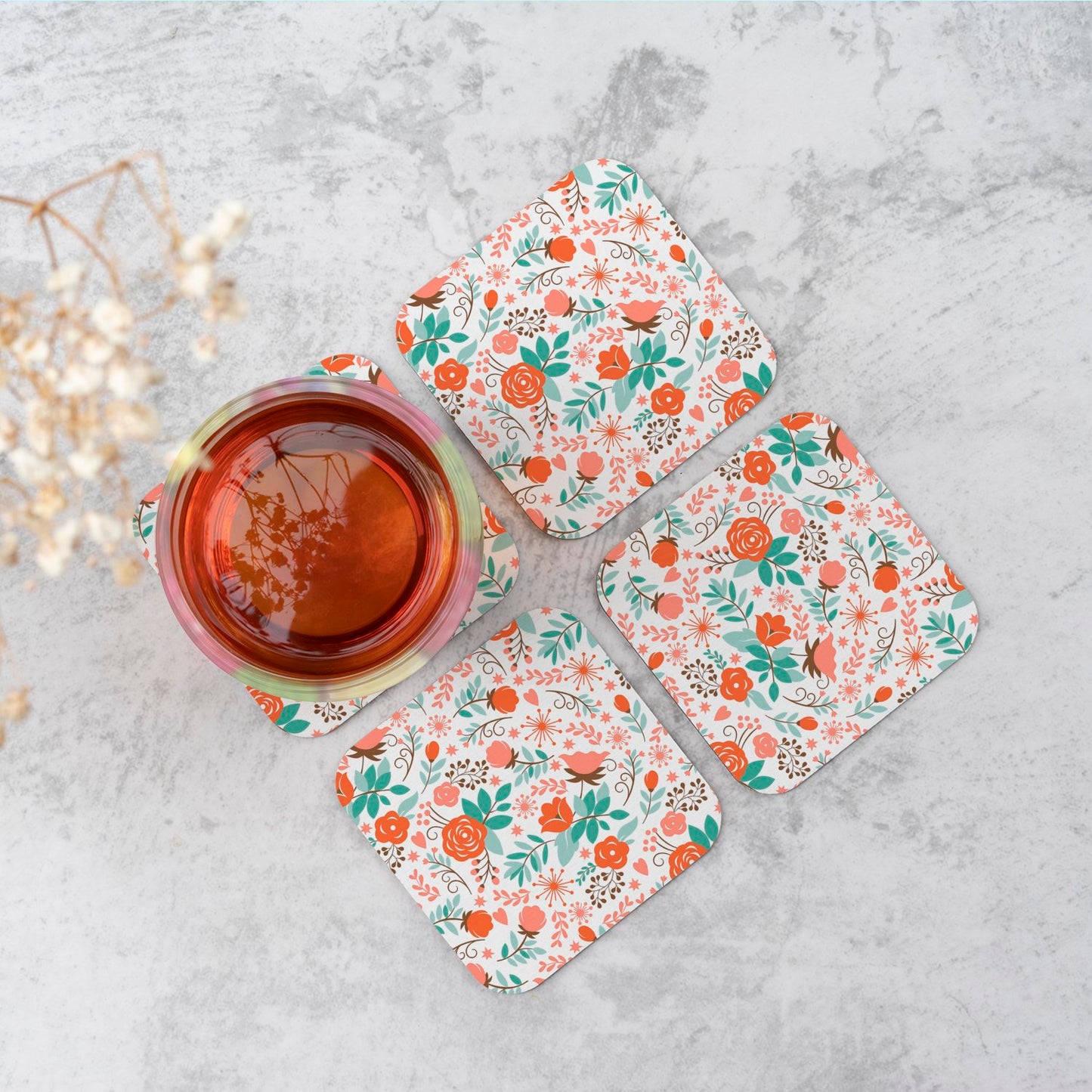 Orange Floral Pattern Coasters